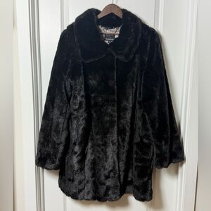 Dennis Basso Faux Fur Coat Women’s 1X Black Plush Swing Coat Luxe Winter Jacket